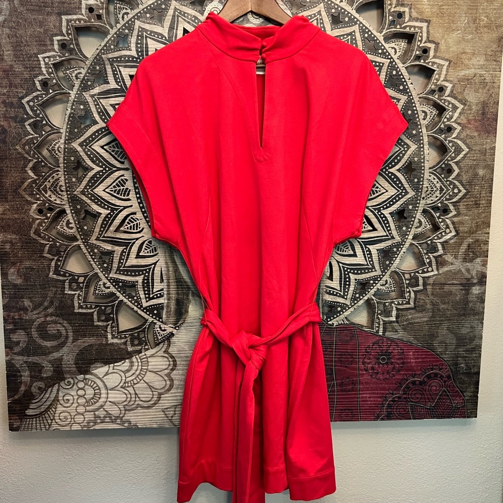 Vibrant Red Button Neck Tunic with Tie Waist